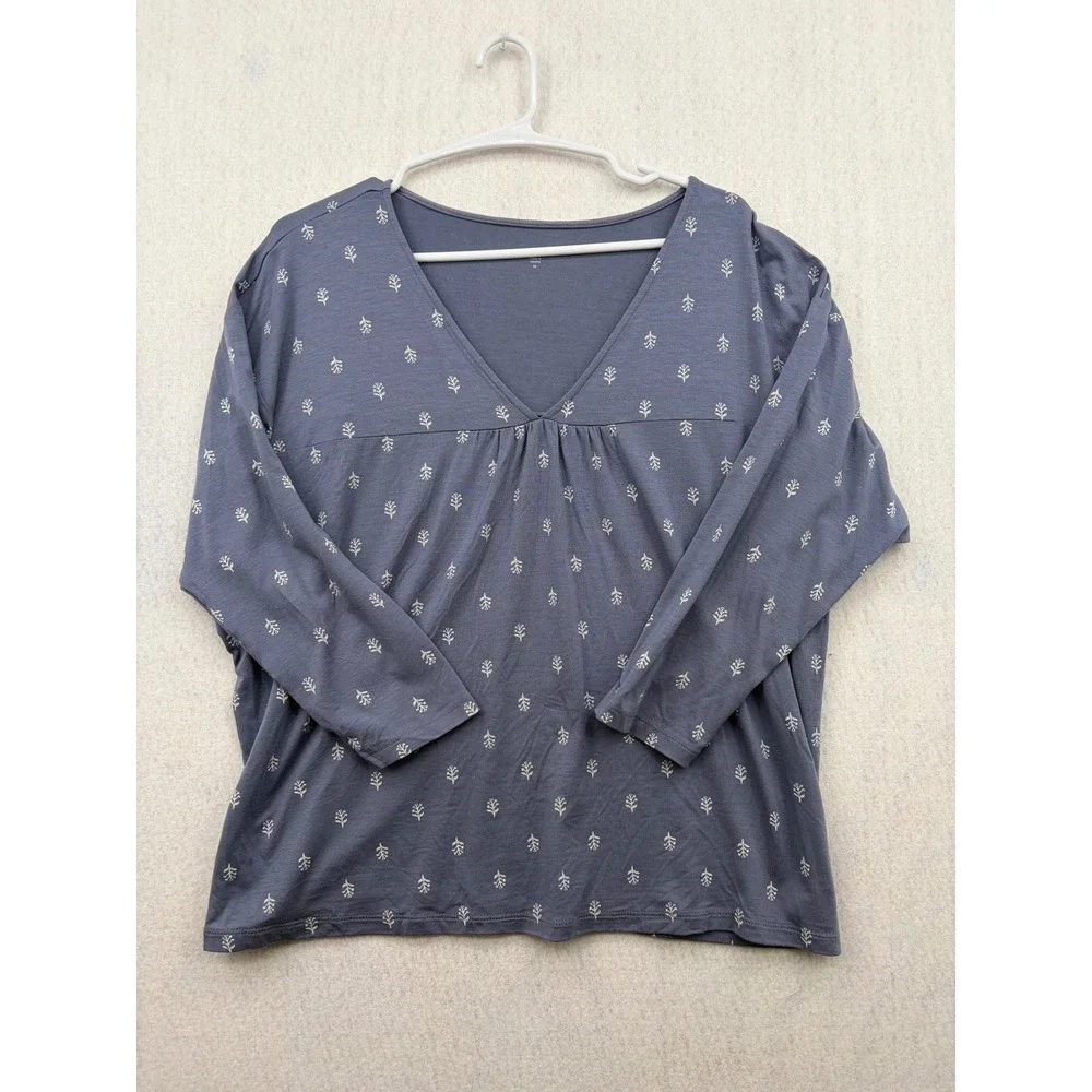 Garnet Hill Womens Blue Tencel Spandex V-Neck Sprig Print 3/4 Sleeve Top Medium